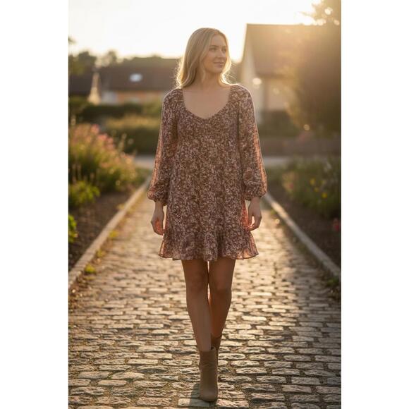 Hollister Dresses & Skirts - Hollister XS Brown Floral Long Sleeve Dress Boho Peasant Prairie